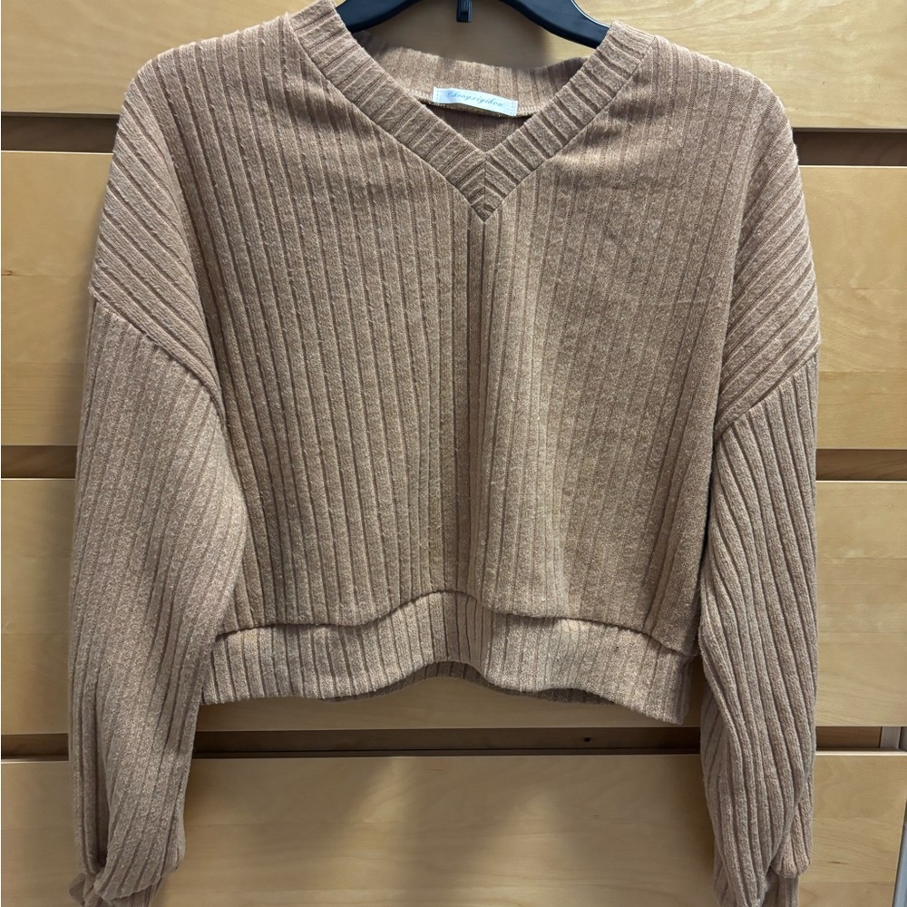 V-Neck Ribbed Tan Cropped Sweater
